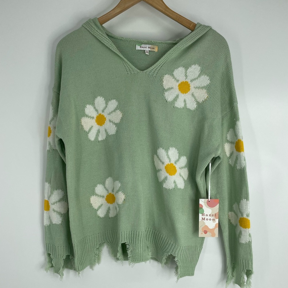 NWOT Hazel Moon Mint Green Daisy Distressed Hooded Sweater